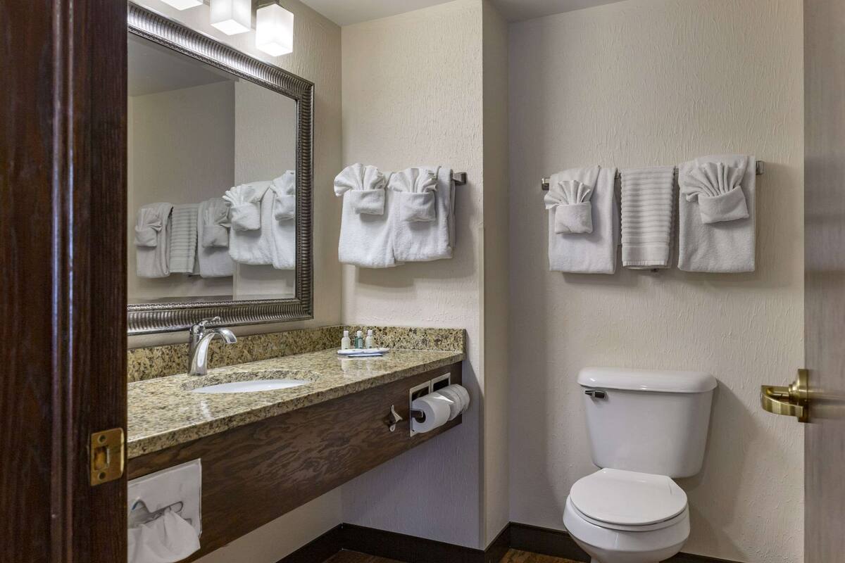 A bathroom with a granite countertop sink, a mirror, a toilet, and towels hanging on the wall.