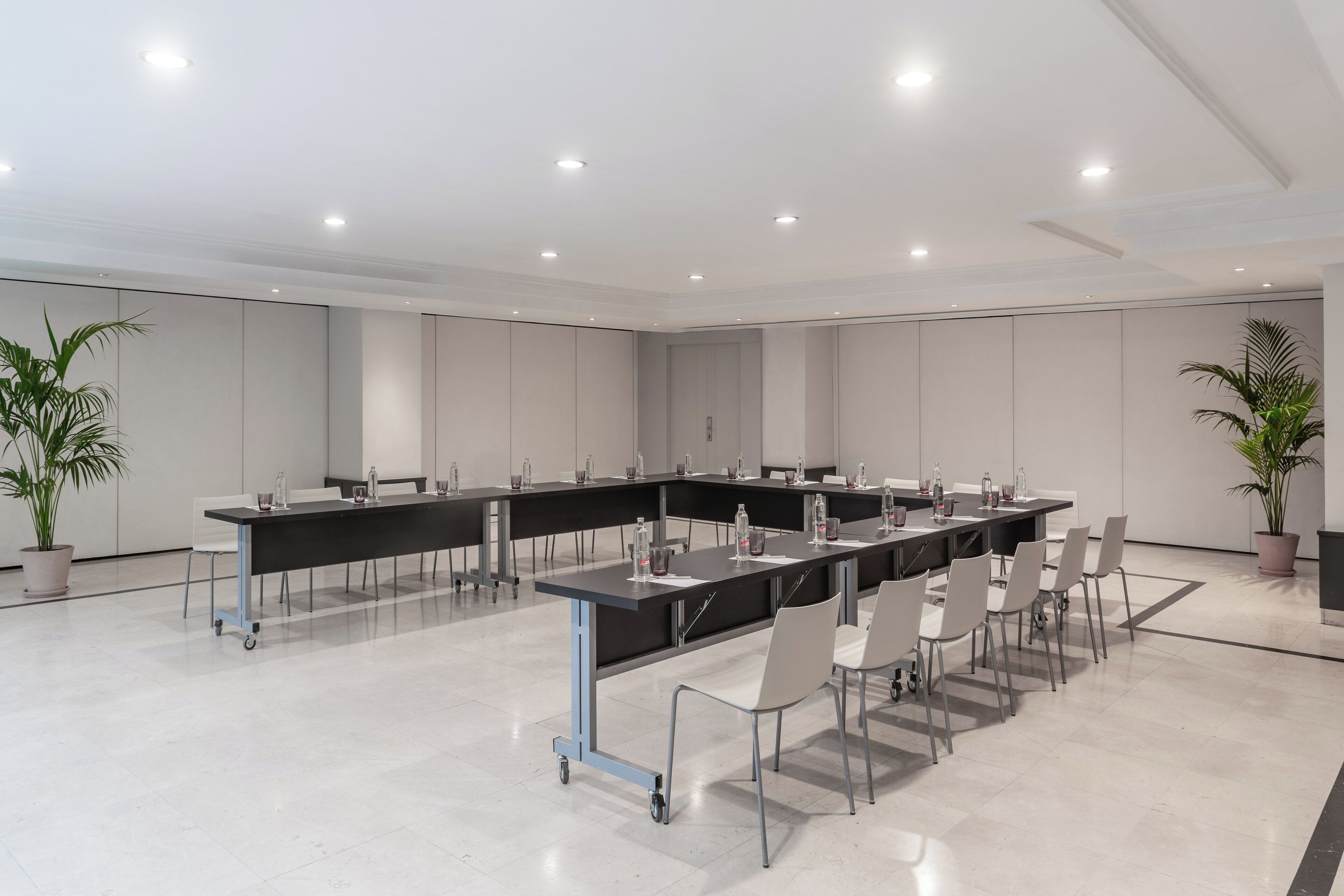 Une salle de conférence avec une longue table, des chaises et des plantes en pot.
