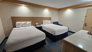 Standard Room, 2 Double Beds, Non Smoking | Desk, laptop workspace, blackout drapes, iron/ironing board