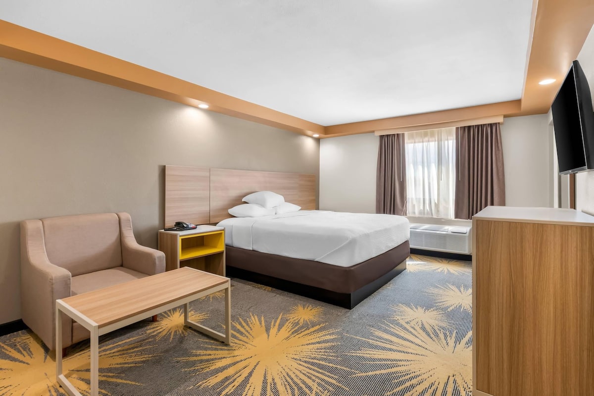 Ett hotellrum med en säng, en soffa, ett litet bord, en tv och ett fönster med gardiner.
