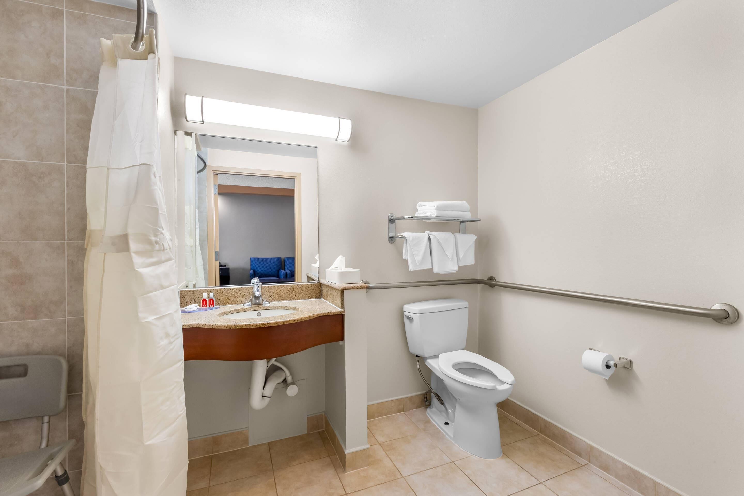 Une salle de bain équipée d’un lavabo, d’un miroir, de toilettes et d’un rideau de douche.