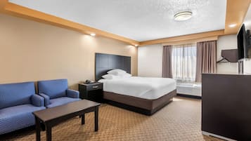 A hotel room with a bed, a sofa, a desk, and a TV.
