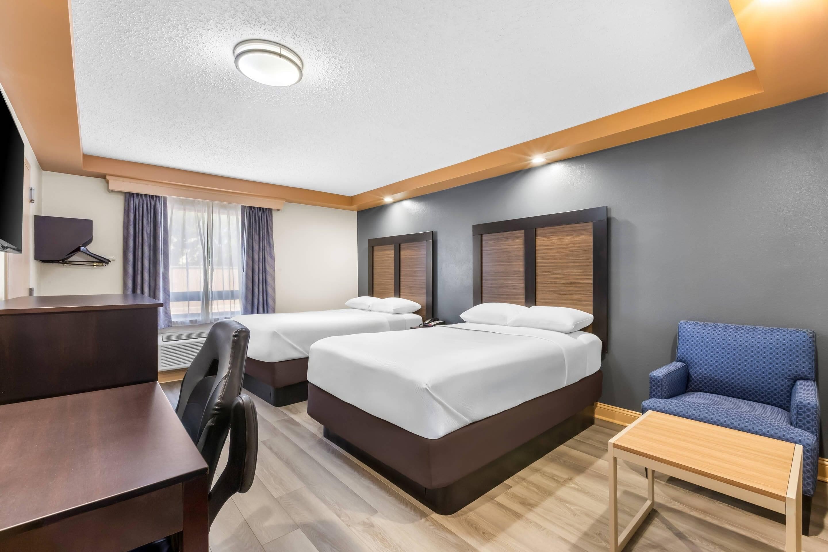 Room, 2 Double Beds, Accessible, Non Smoking | Desk, laptop workspace, blackout curtains, iron/ironing board