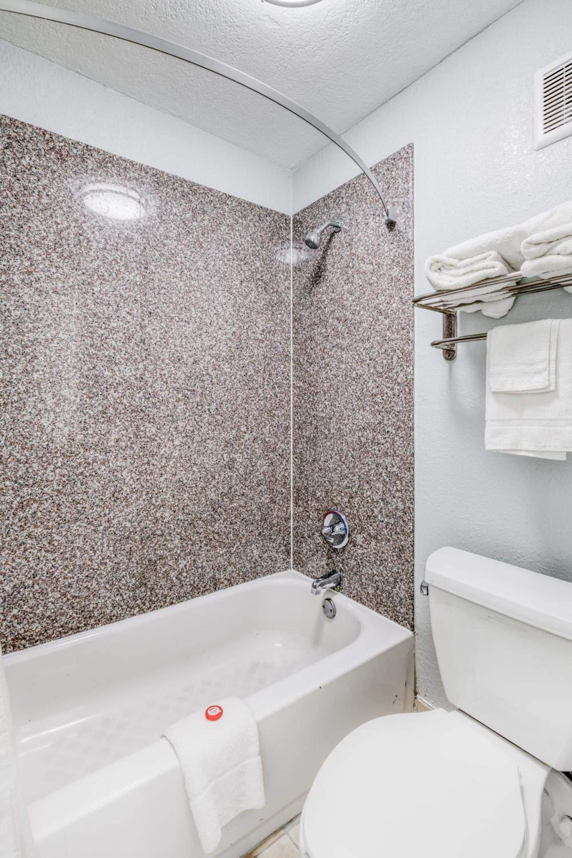 Un baño con una bañera blanca, ducha e inodoro.
