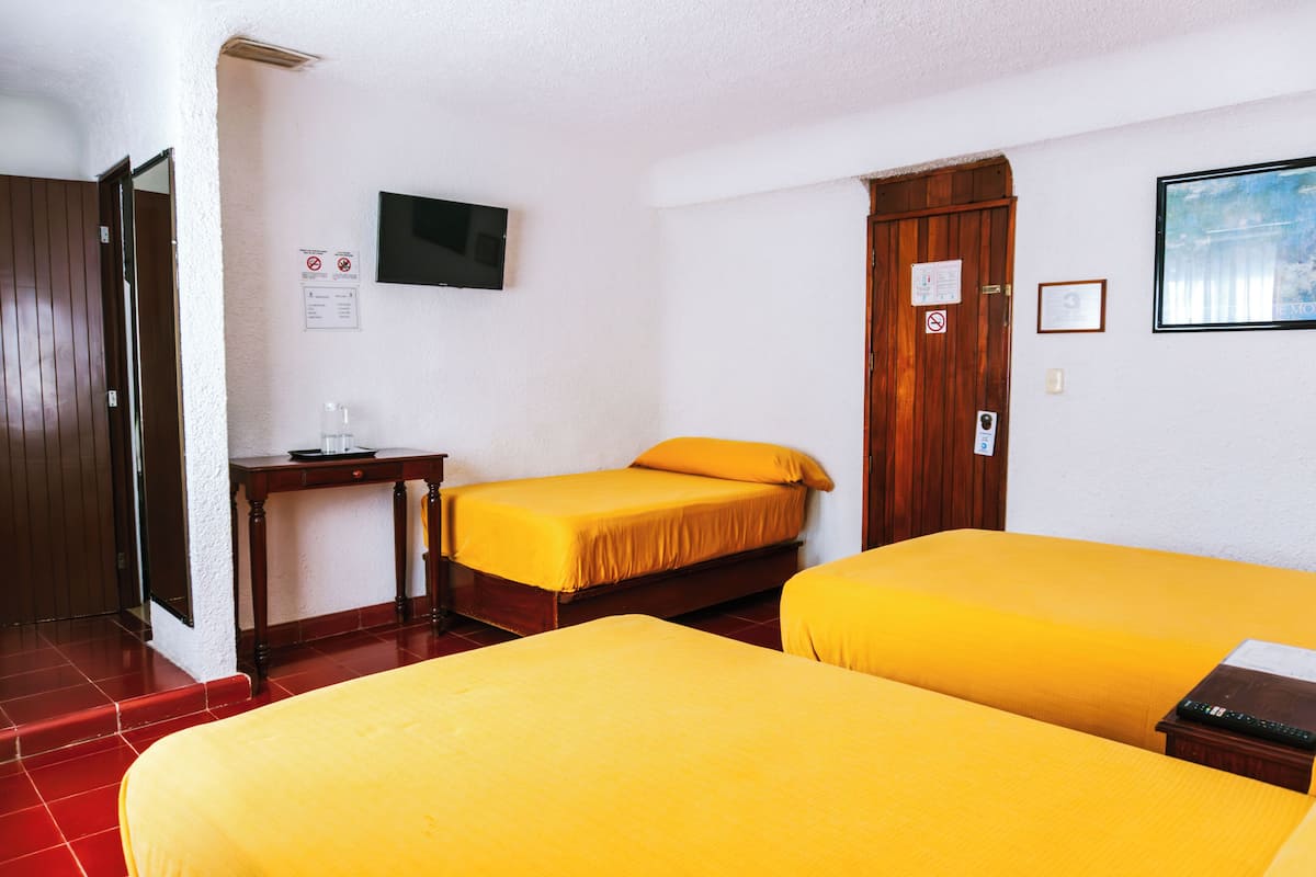 Habitación de hotel con dos camas, un televisor, una puerta de madera y un piso de baldosas rojas.