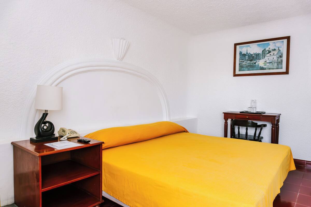 Una habitación de hotel con cama, mesita de noche, silla, escritorio y un cuadro en la pared.