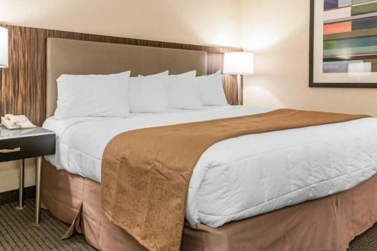 Una camera d'albergo con un letto, un comodino, una lampada e un quadro appeso al muro.