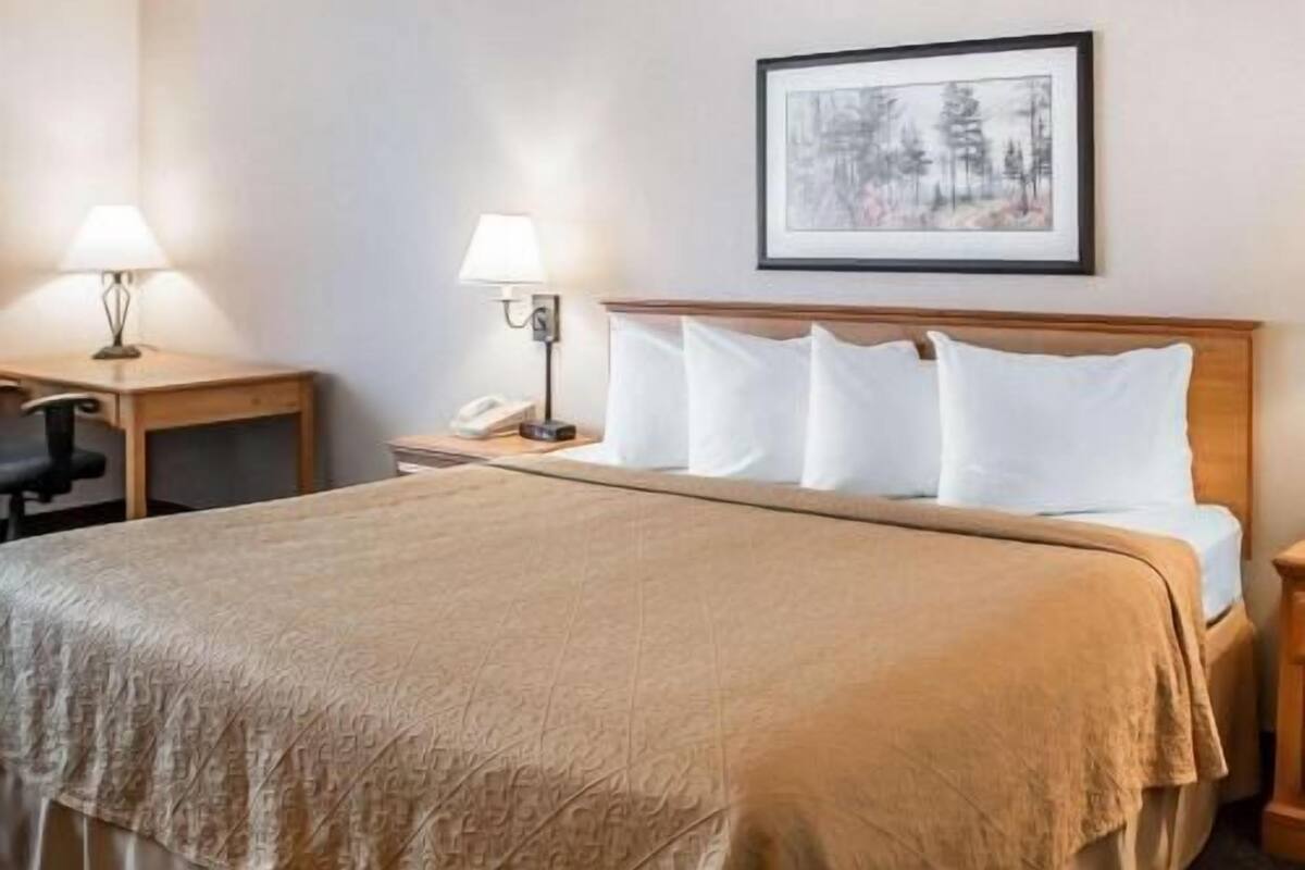 A hotel room with a bed, two bedside tables, a lamp, a phone, and a framed picture on the wall.