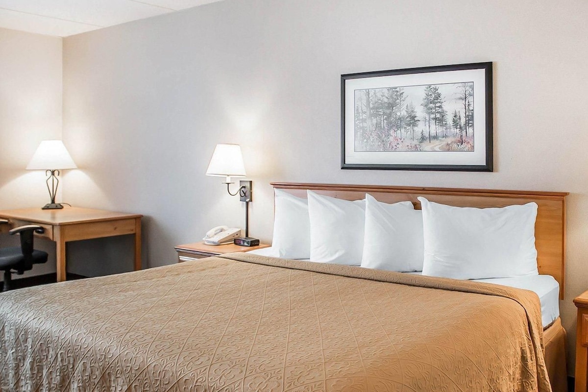 A hotel room with a bed, bedside lamps, a desk, and a framed picture on the wall.