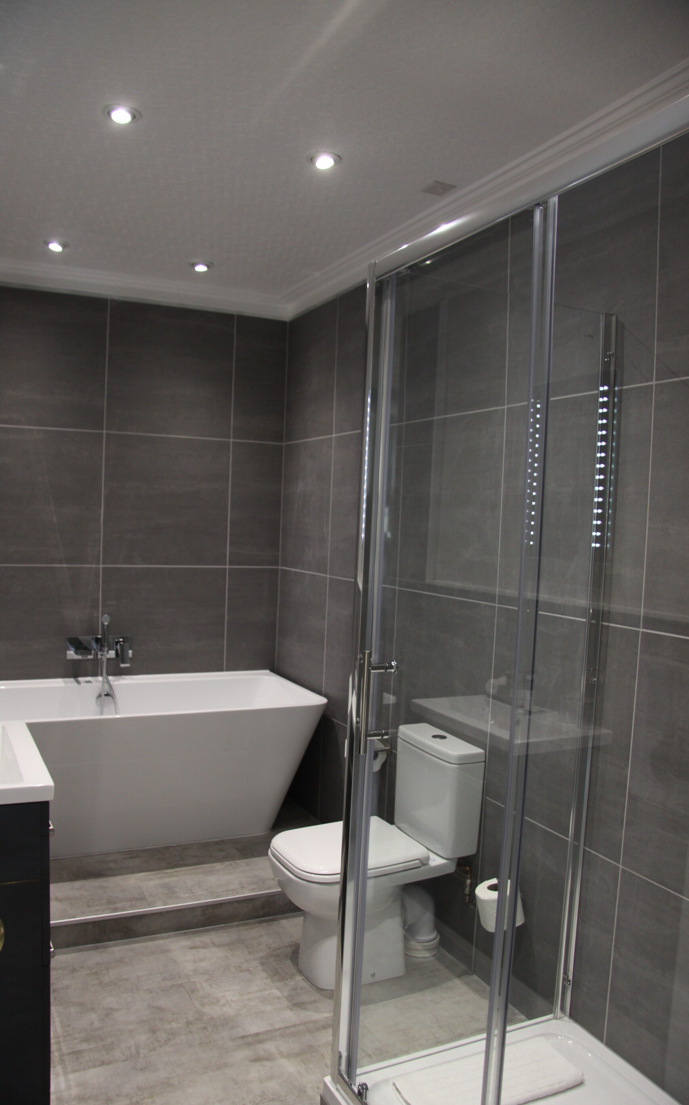 A modern bathroom with a glass-enclosed shower, a freestanding bathtub, and a toilet.
