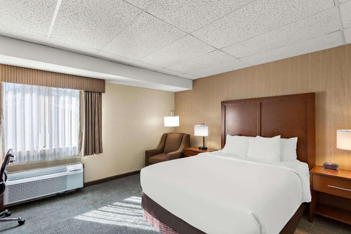 A hotel room with a large bed, a desk, a chair, a lamp, and a window with curtains.