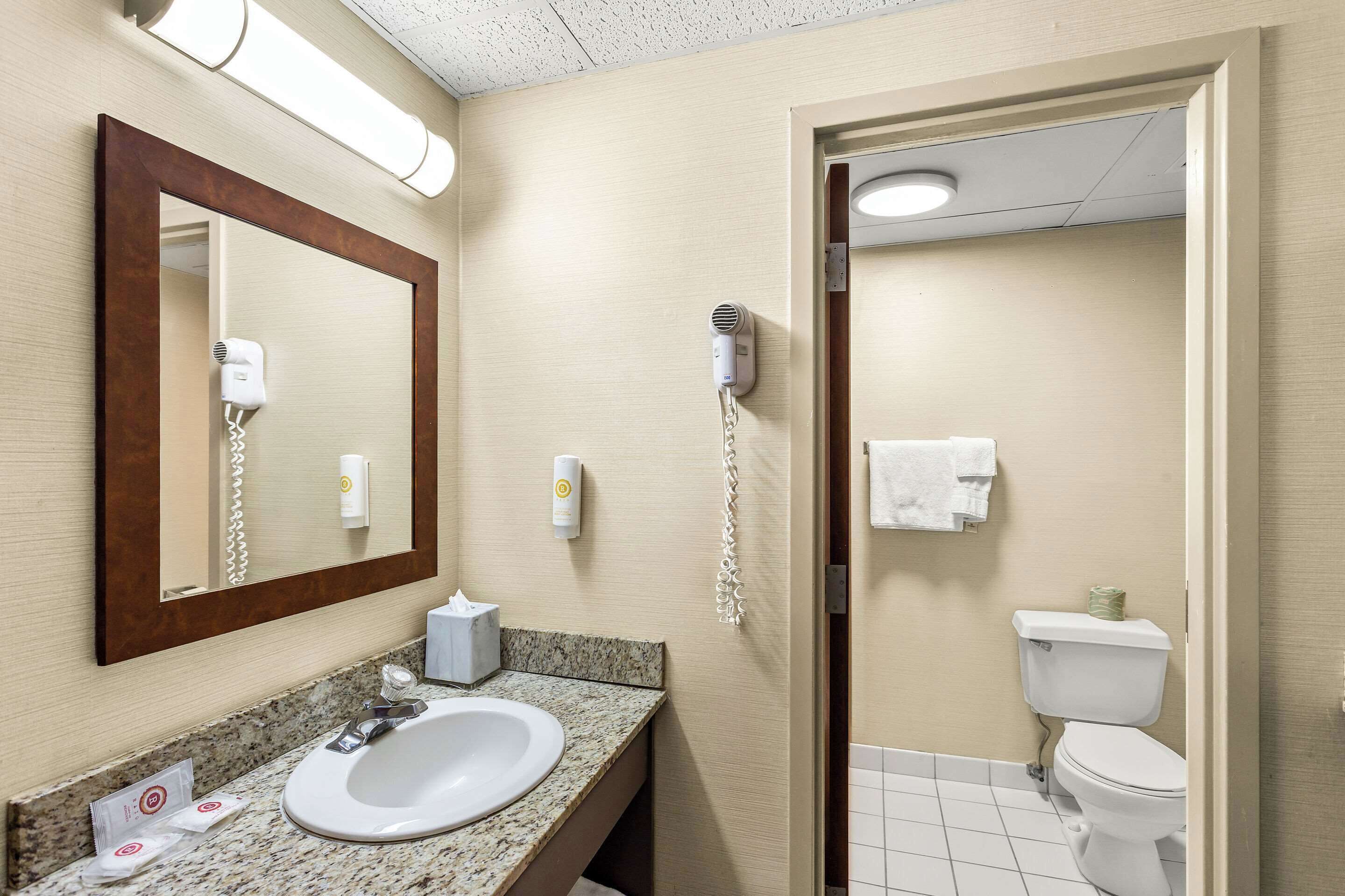 Un baño de hotel con lavamanos, espejo, secador de pelo y retrete.