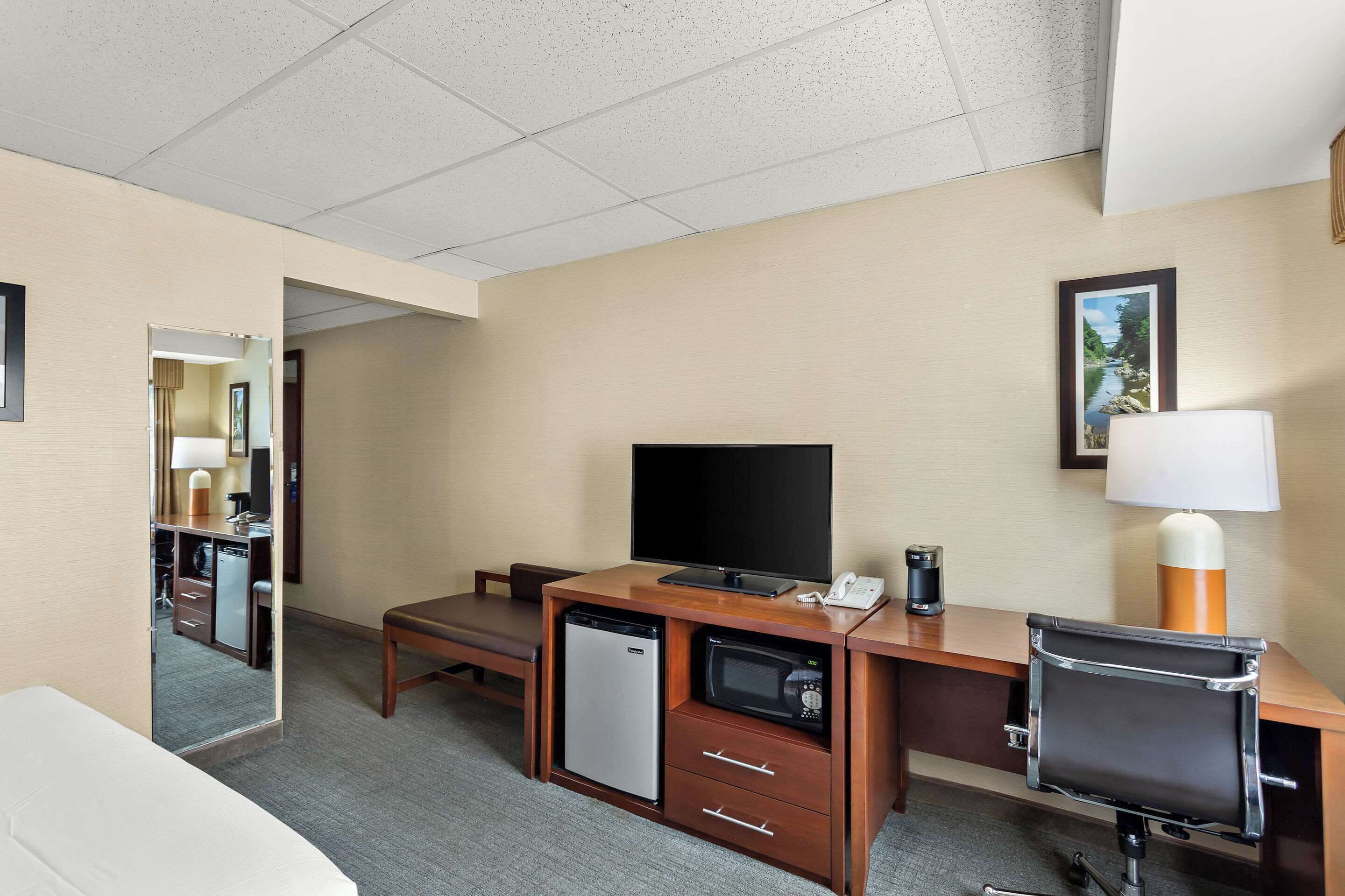 A hotel room with a desk, a television, a microwave, a mini-fridge, a lamp, and a chair.
