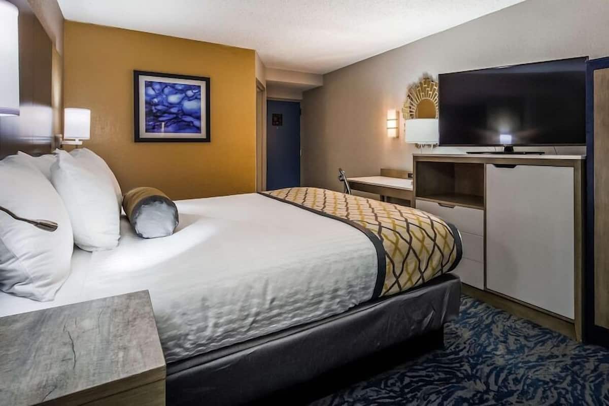 A hotel room with a bed, a desk, a television, and a wardrobe.