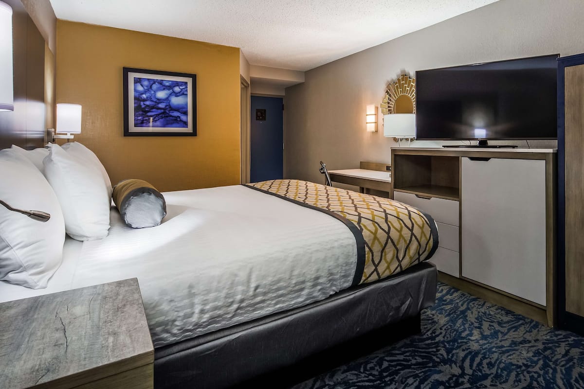 A hotel room with a bed, a desk, a television, and a wardrobe.