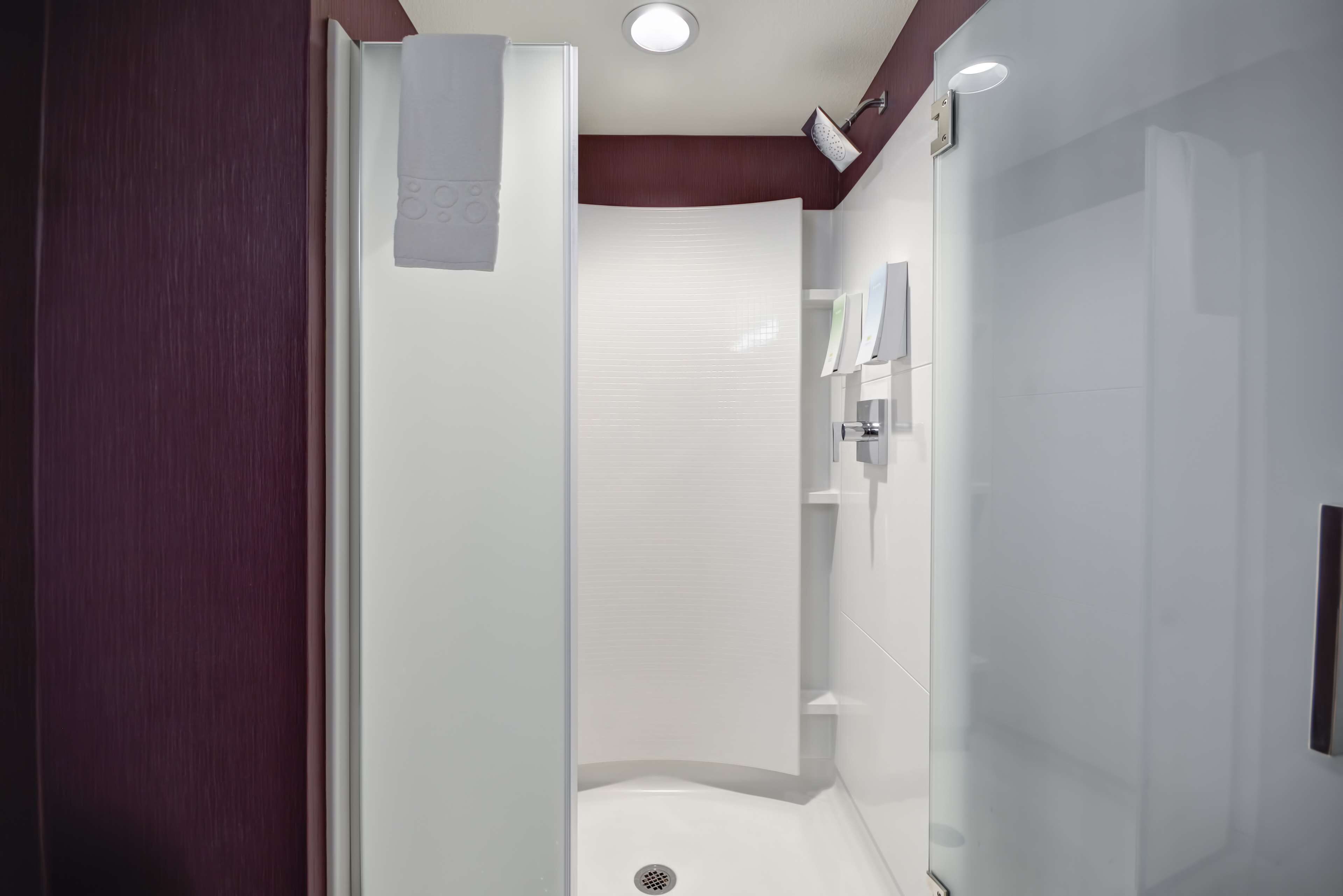 A modern bathroom with a glass shower enclosure, a white sink, and a mirror.