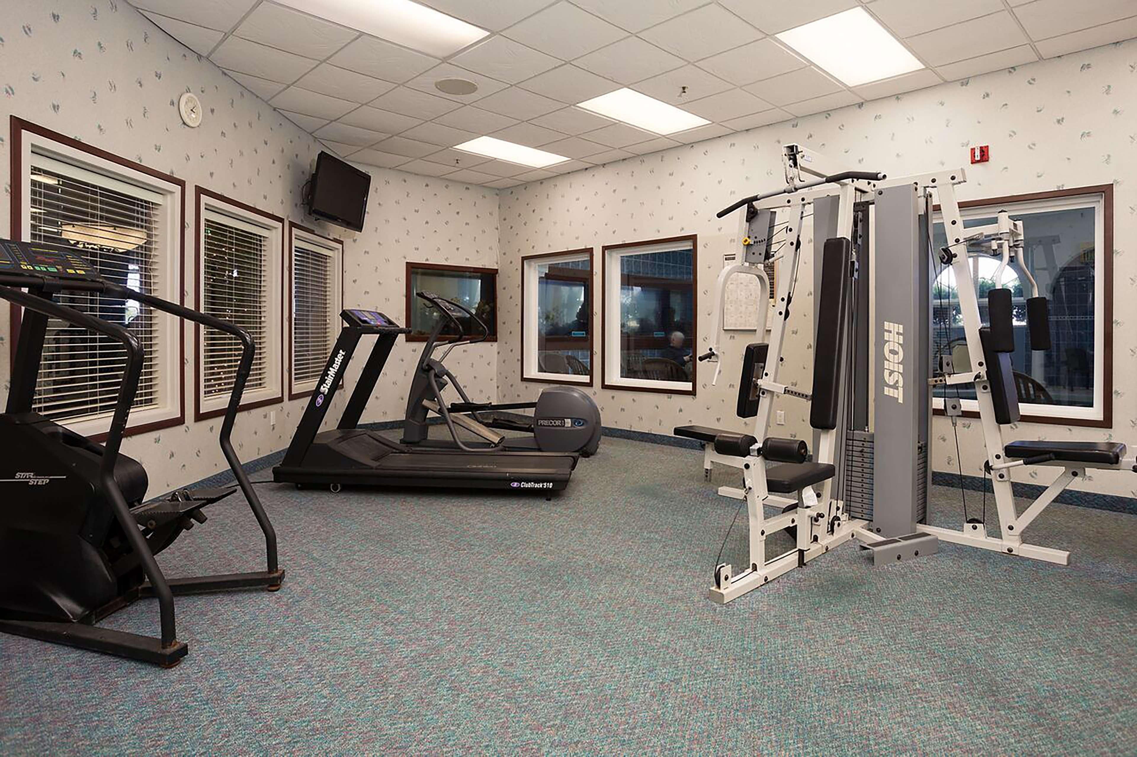 A gym with treadmills, a stair climber, and a weight machine.