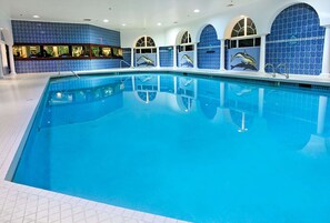 Indoor pool, open 8:00 AM to 10:00 PM, pool loungers