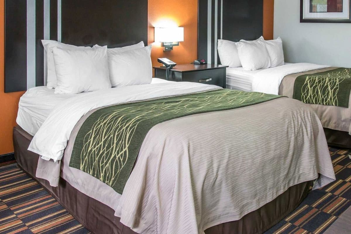 A hotel room with two beds, a nightstand with a lamp, and a framed picture on the wall.