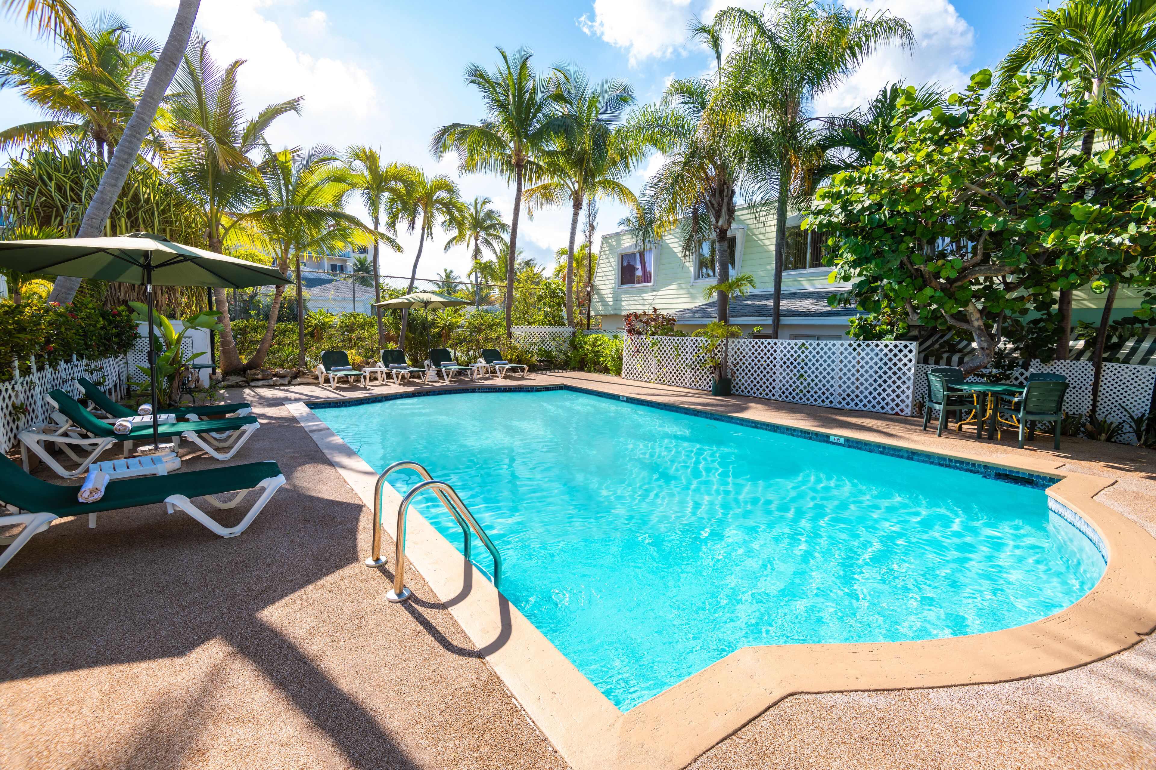 Une piscine entourée de chaises longues et de parasols, bordée de palmiers et d’une clôture blanche.