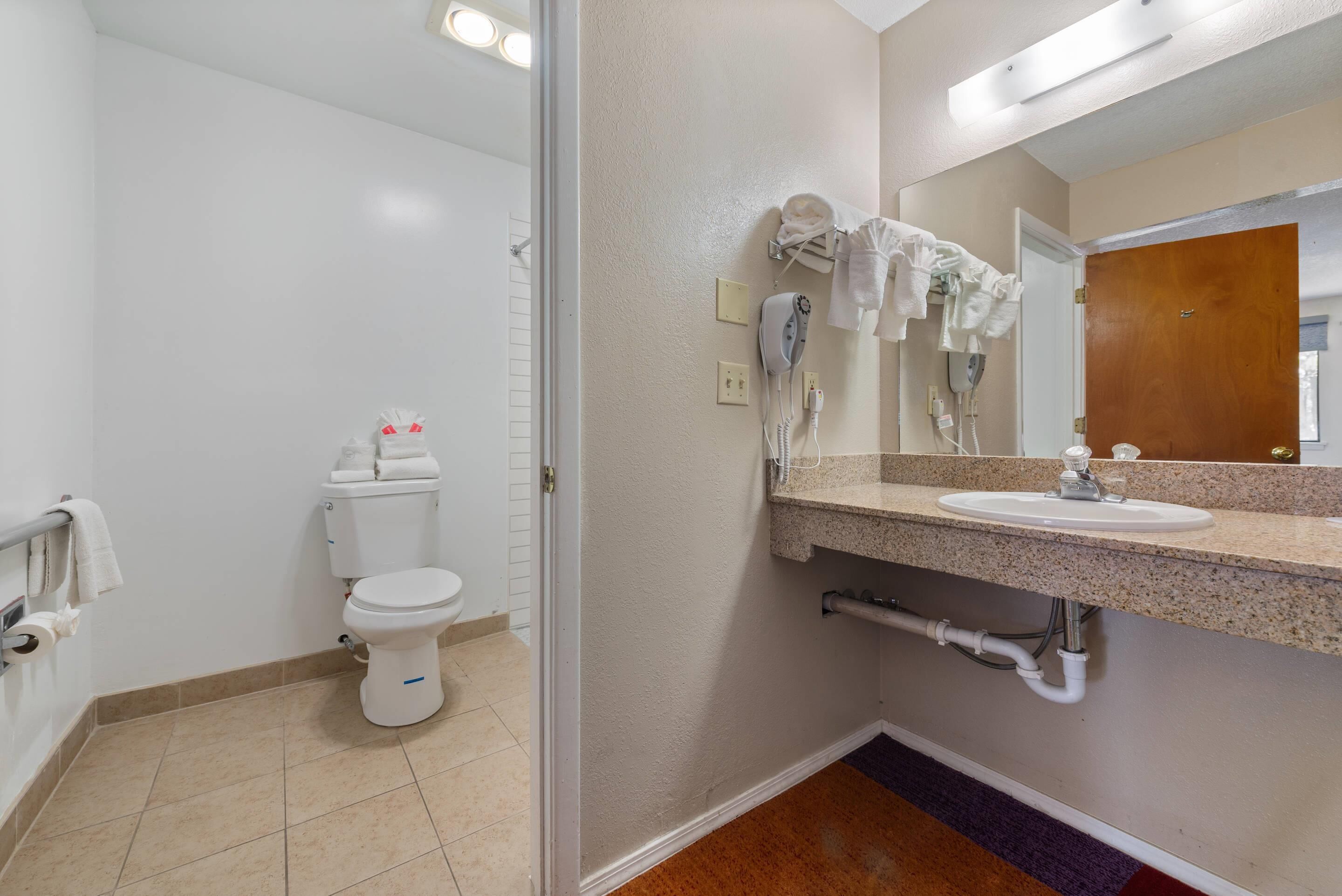 Un baño con inodoro, lavamanos y secador de pelo.