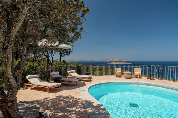 Outdoor pool, pool umbrellas, pool loungers