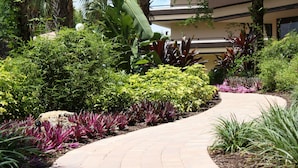 A curved brick pathway in a landscaped garden area with various plants and a building in the background.