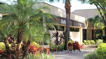 Un bâtiment moderne, avec un palmier et des plantes tropicales devant.