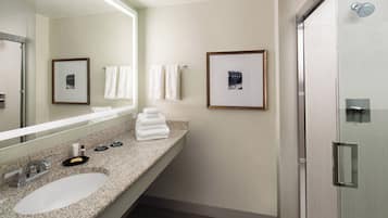 Un baño moderno con encimera de granito, un espejo grande, dos cuadros enmarcados, cabina de ducha de cristal y un lavabo blanco.