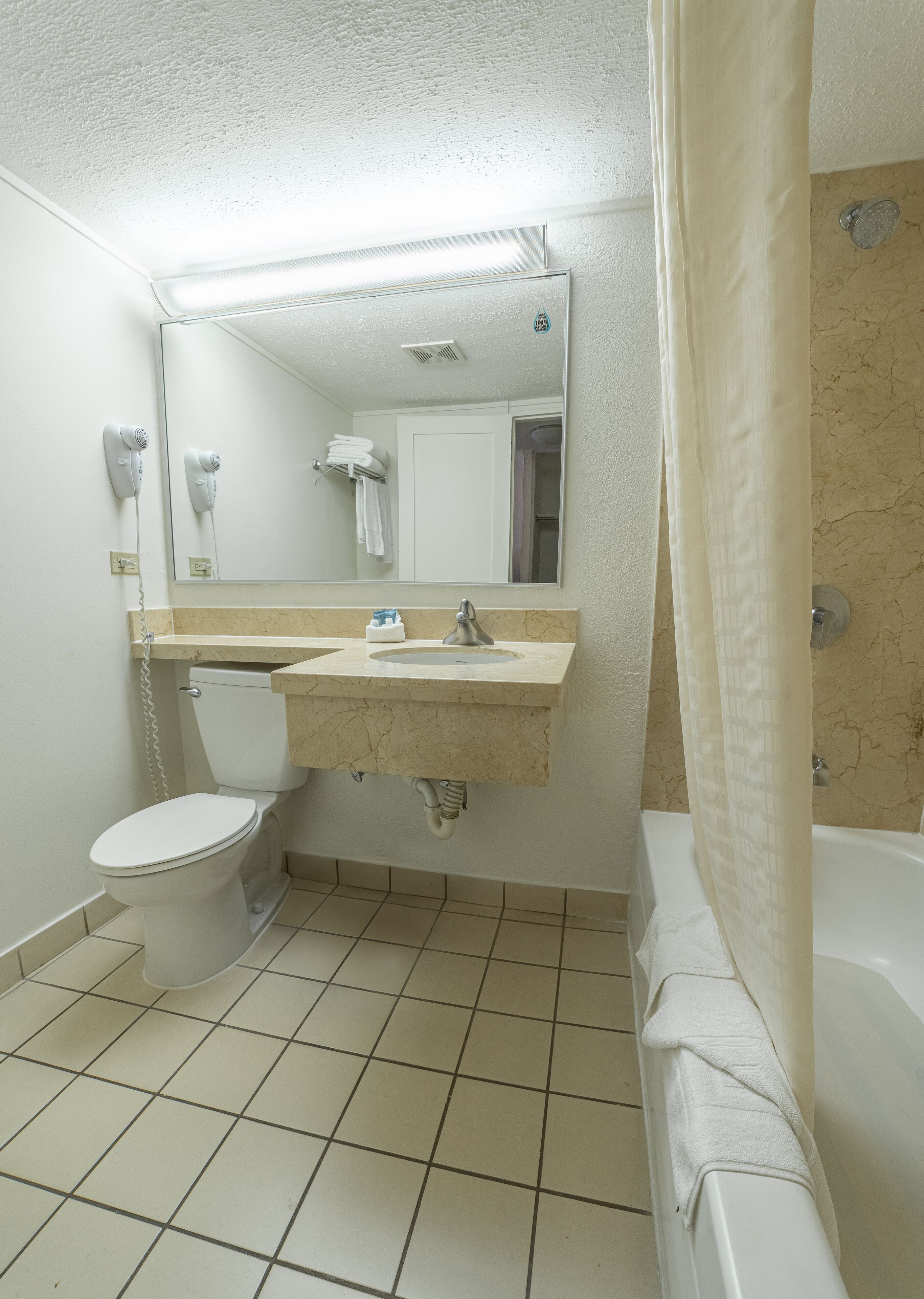 combined shower/bathtub, free toiletries, hair dryer, towels