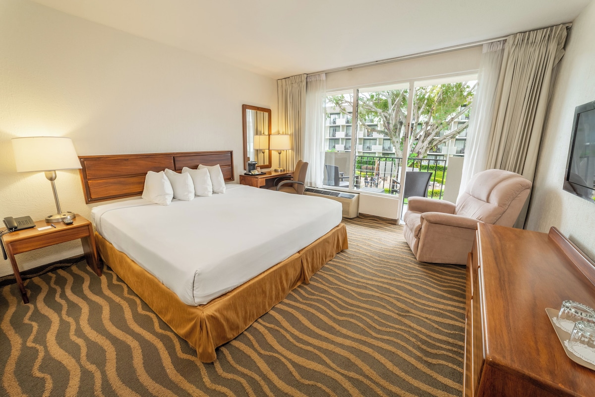 A hotel room with a large bed, a desk, a chair, a TV, and a balcony with a view of the outside.