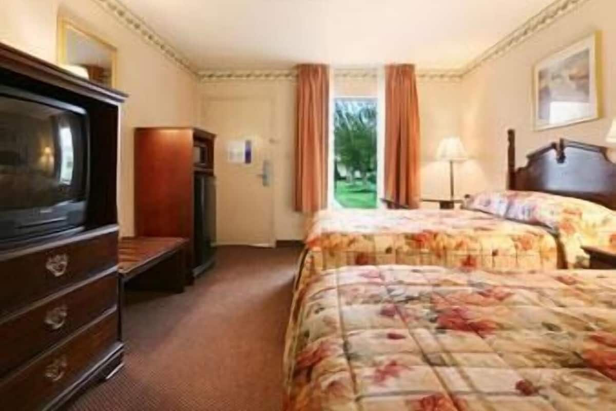 A hotel room with a bed, dresser, television, and a view of greenery outside.