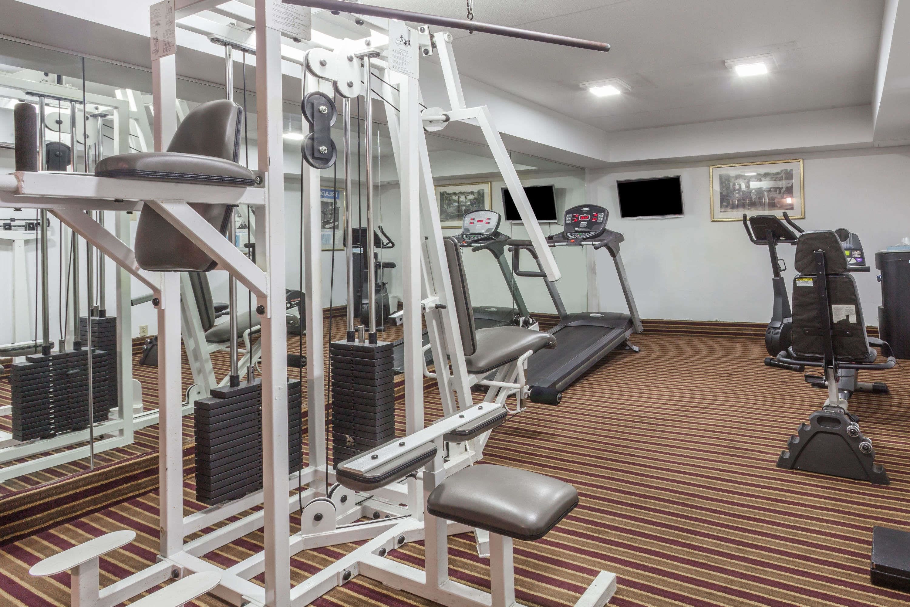 Een fitnessruimte met trainingsapparatuur, loopbanden en een spiegelwand.