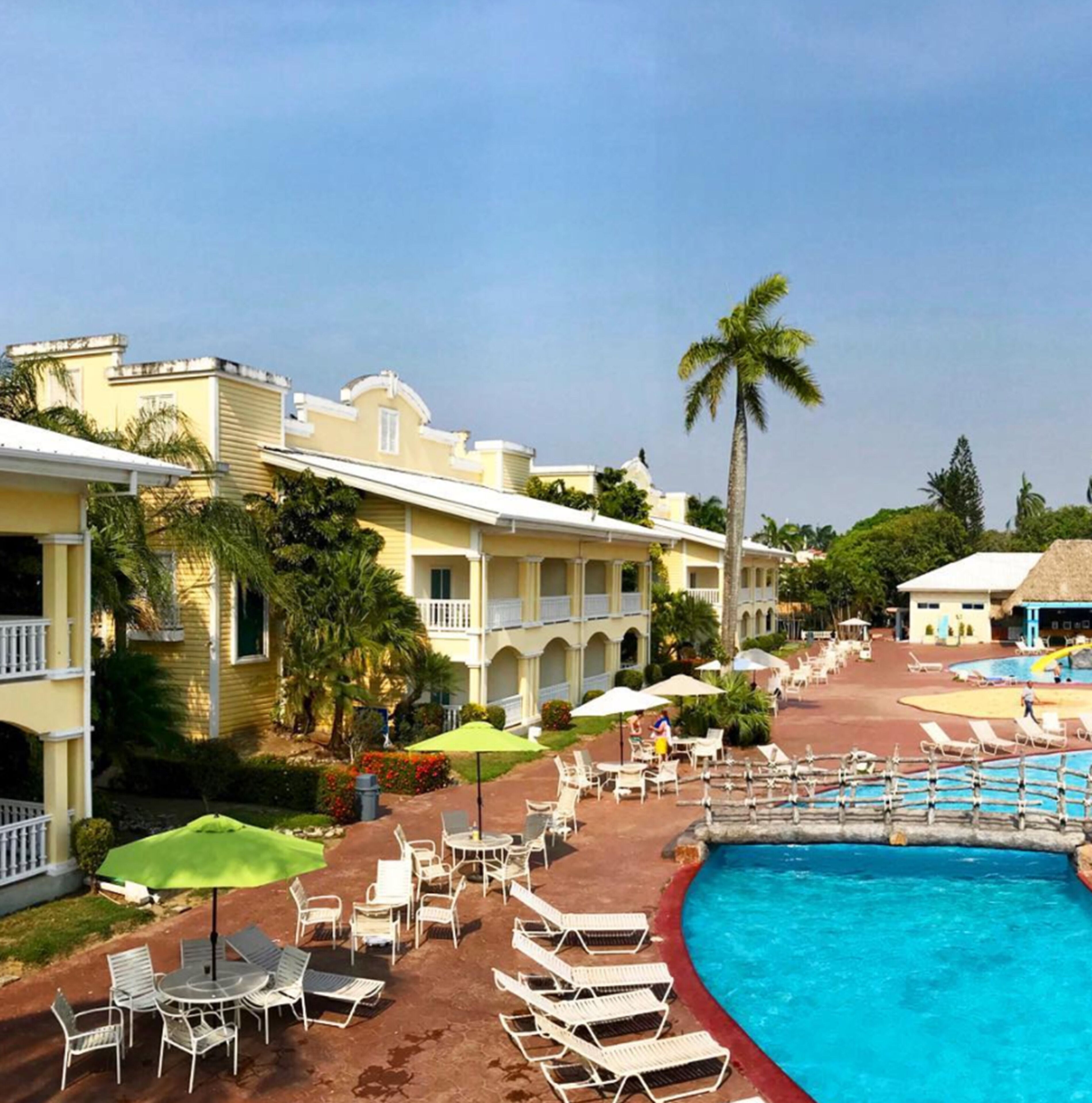 Een resort met een zwembad, ligbedden en een palmboom.