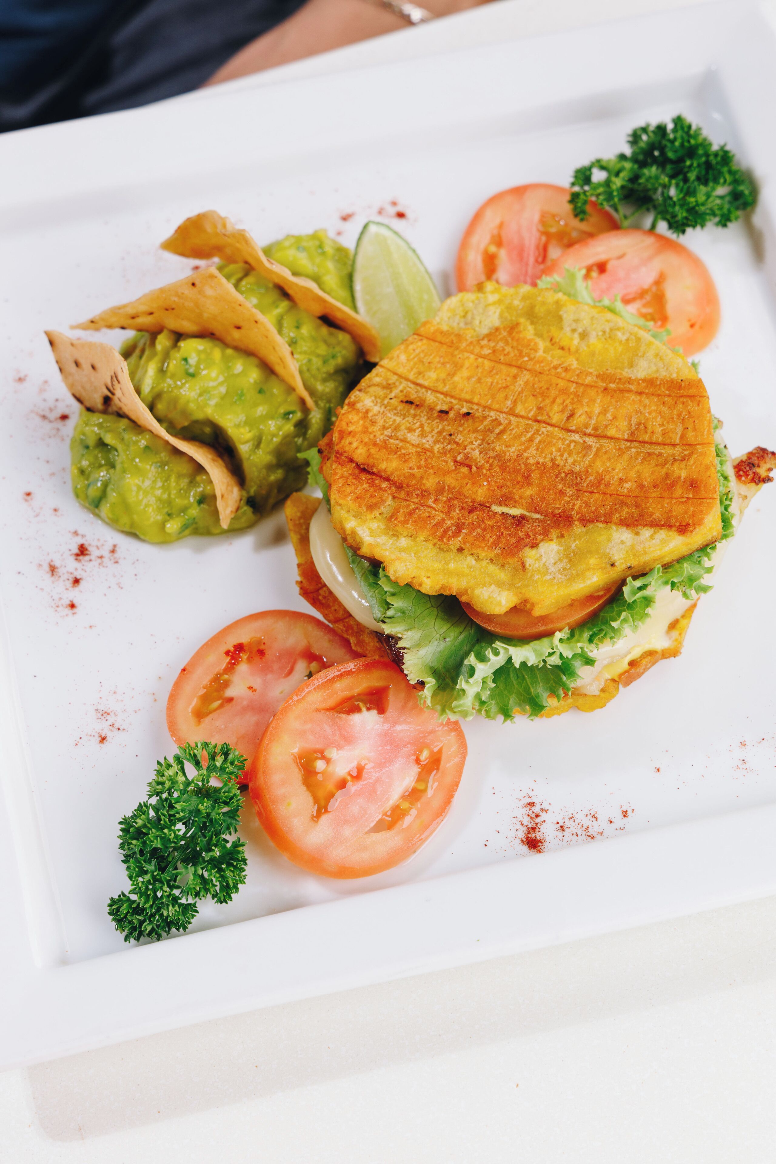 A sandwich with lettuce, tomato, and a side of guacamole and tortilla chips.