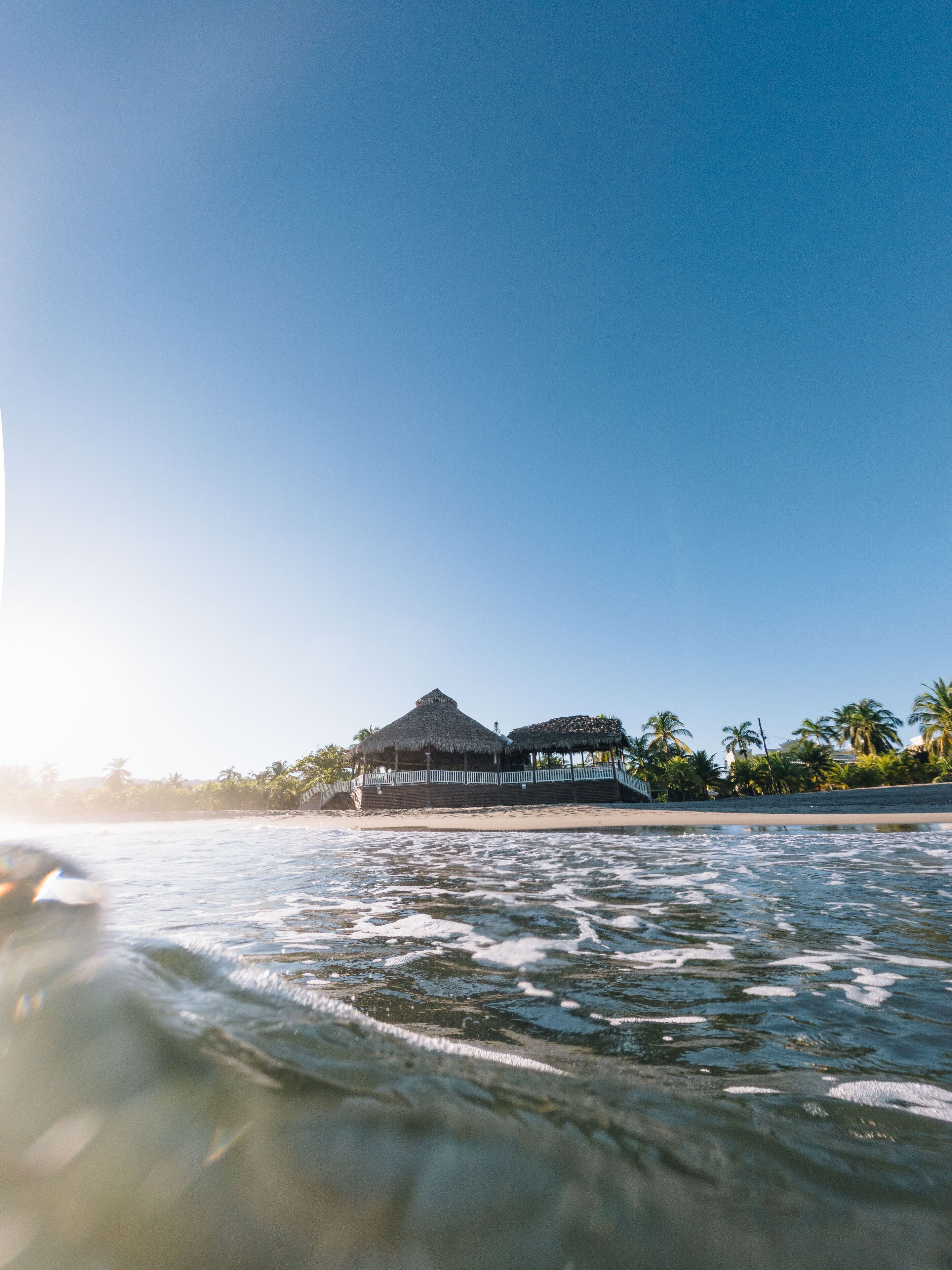 A beachfront property with a thatched-roof structure, palm trees, and a sandy beach.
