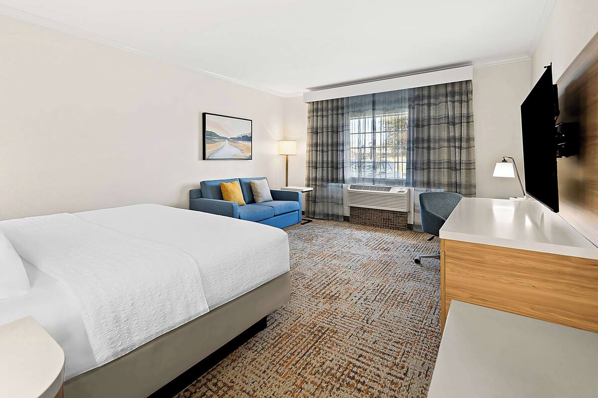 A hotel room with a bed, a sofa, a desk, and a TV.