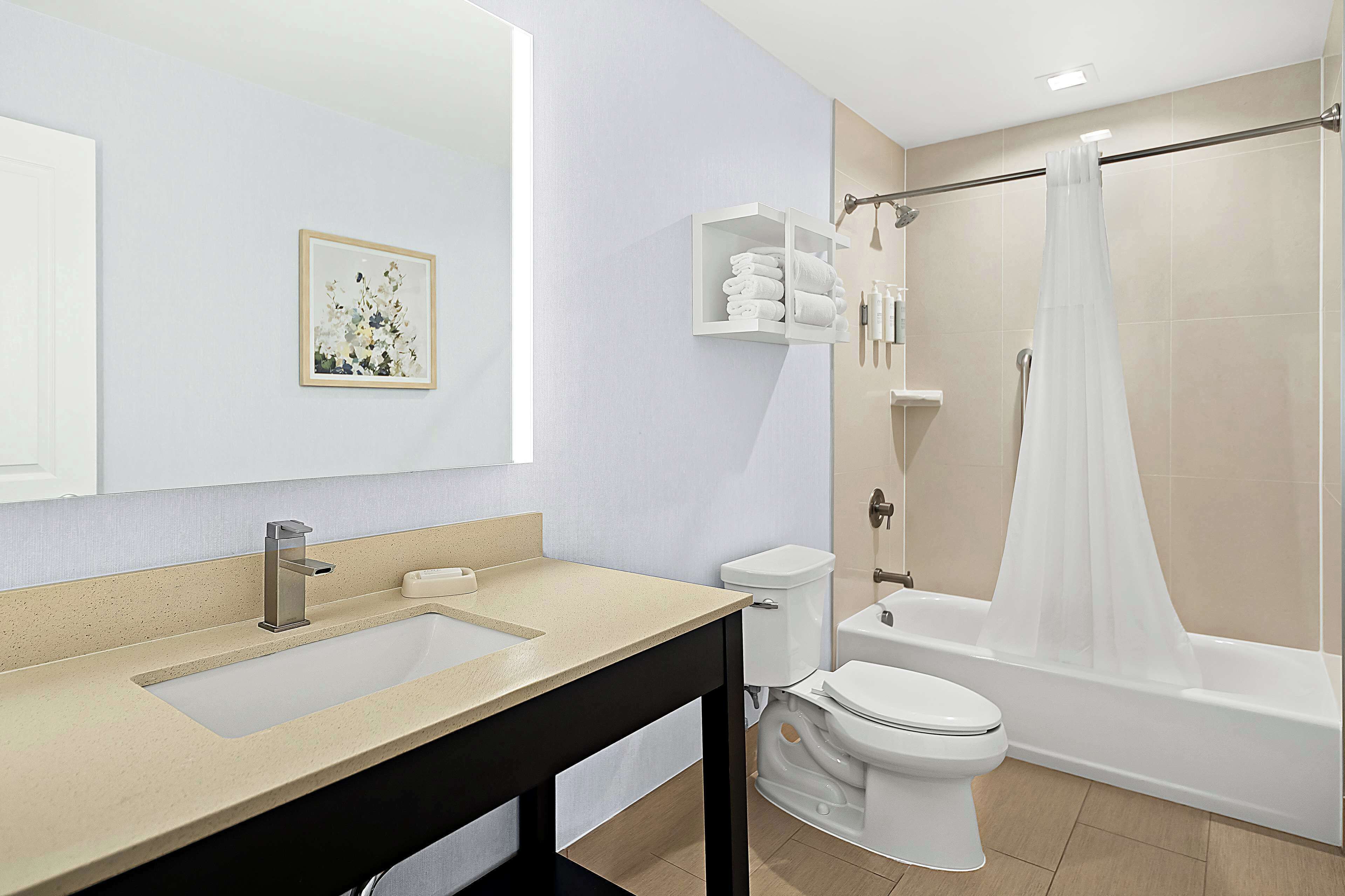 combined shower/bathtub, free toiletries, hair dryer, towels