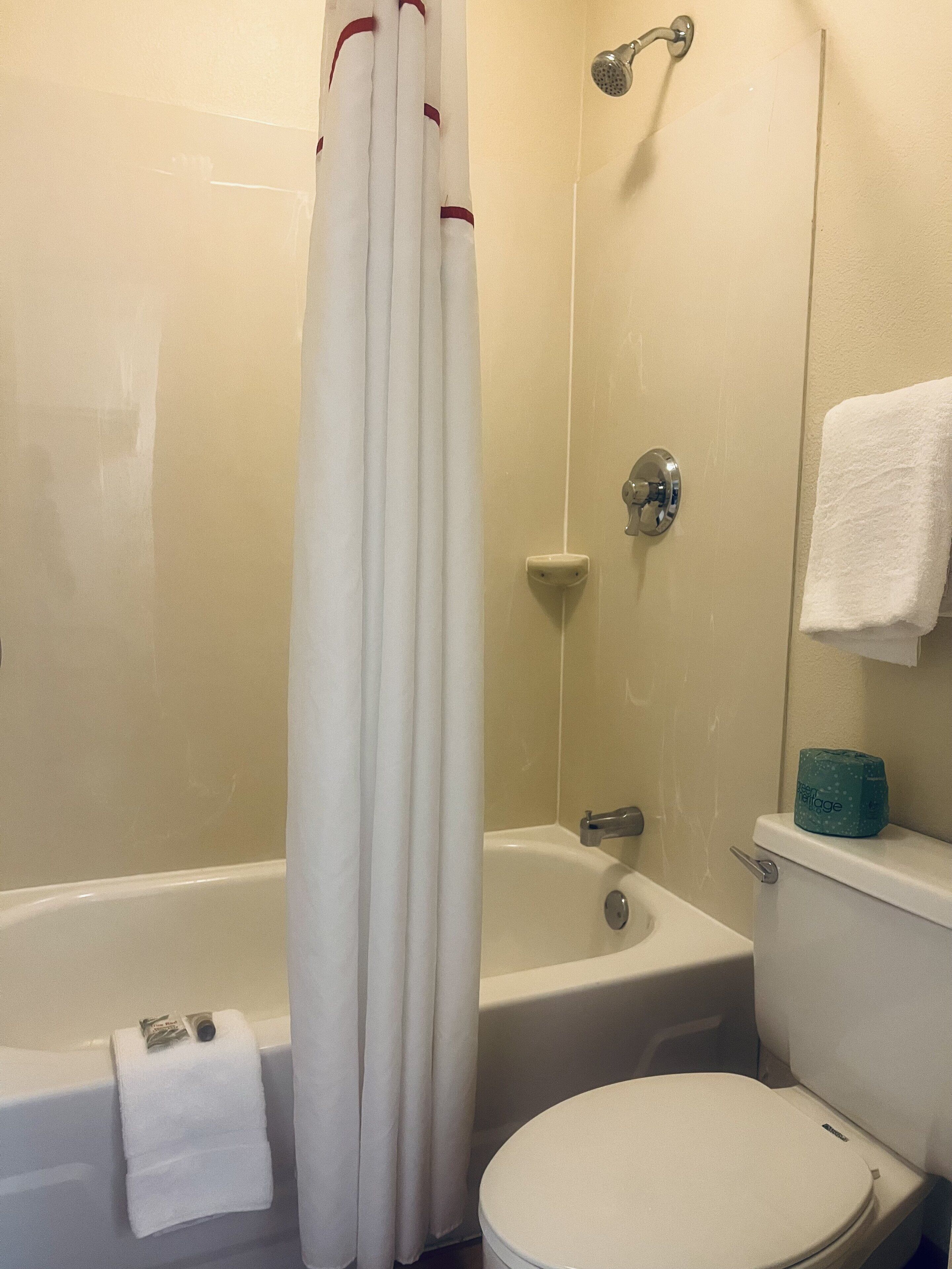 combined shower/bathtub, eco-friendly toiletries, towels