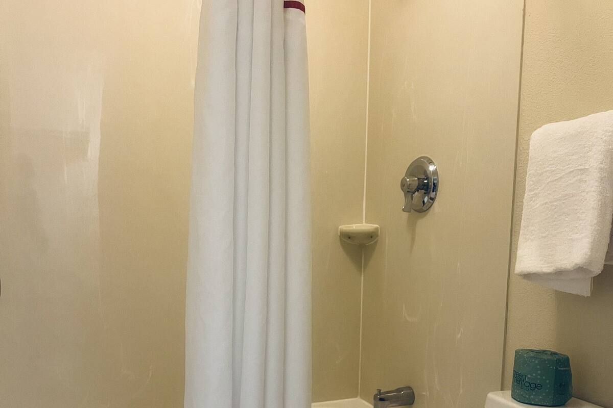 combined shower/bathtub, eco-friendly toiletries, towels