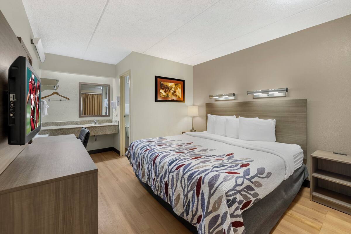 Une chambre d’hôtel avec un lit, un bureau, une télévision, un miroir et un tableau au mur.