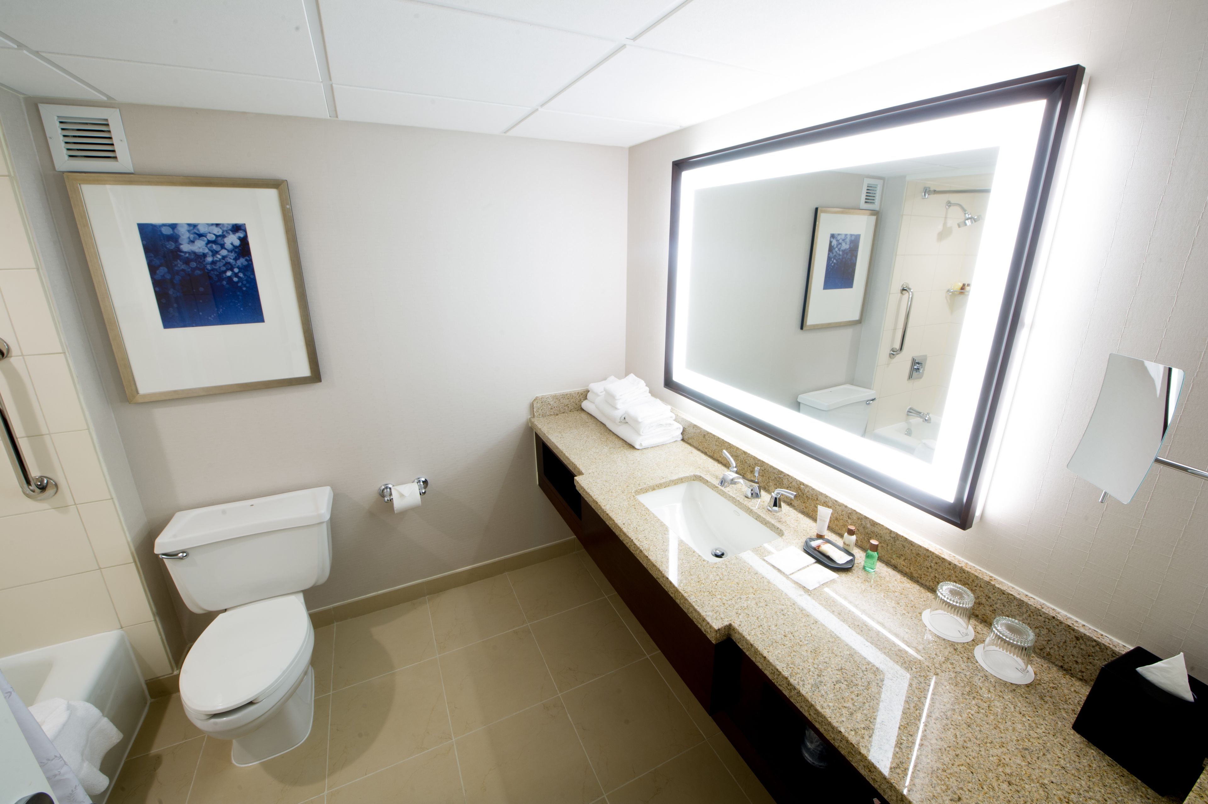 Un bagno moderno con il water, lavandino e uno specchio grande.