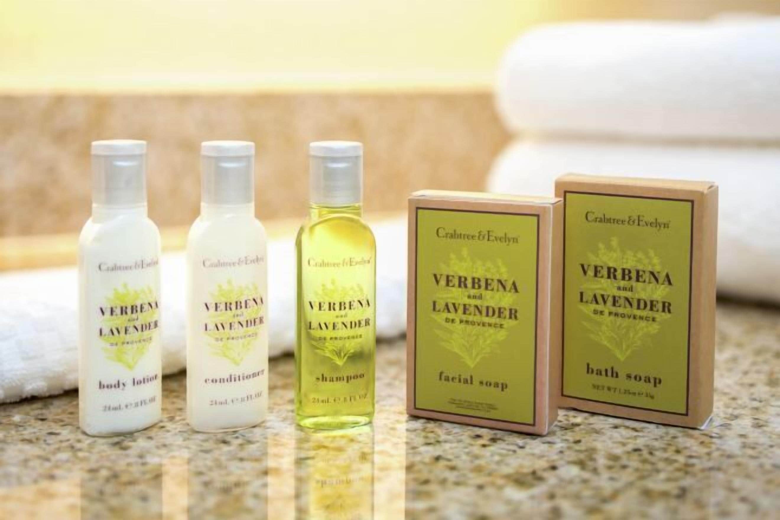 Eco-friendly toiletries, hair dryer, towels