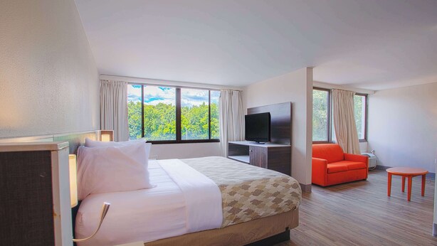 A hotel room with a bed, a TV, a red chair, and a small table.