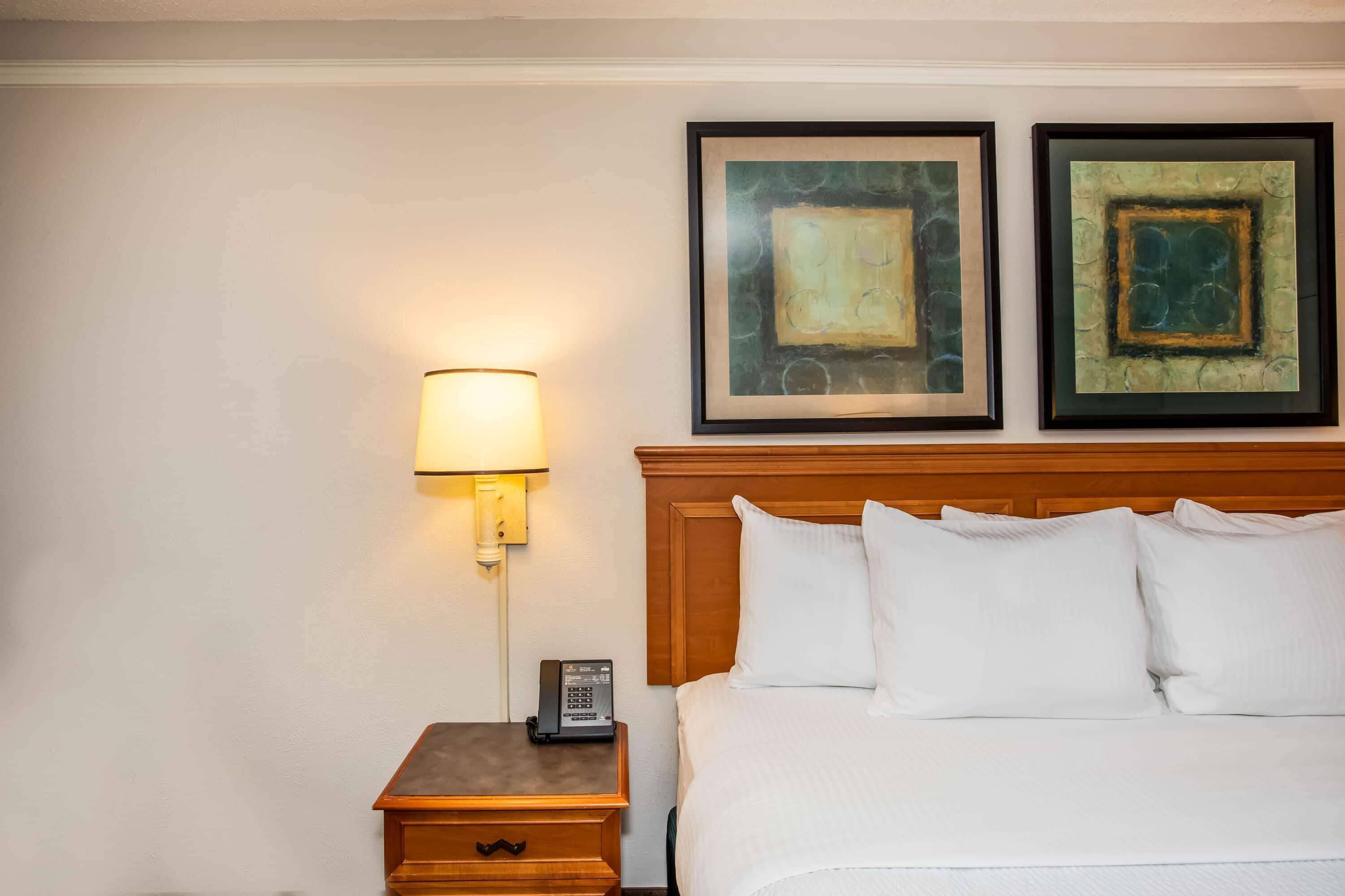 A hotel room with a bed, a nightstand with a lamp, and two framed artworks on the wall.