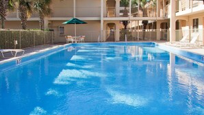 A swimming pool with lounge chairs and umbrellas, surrounded by a fence and palm trees.