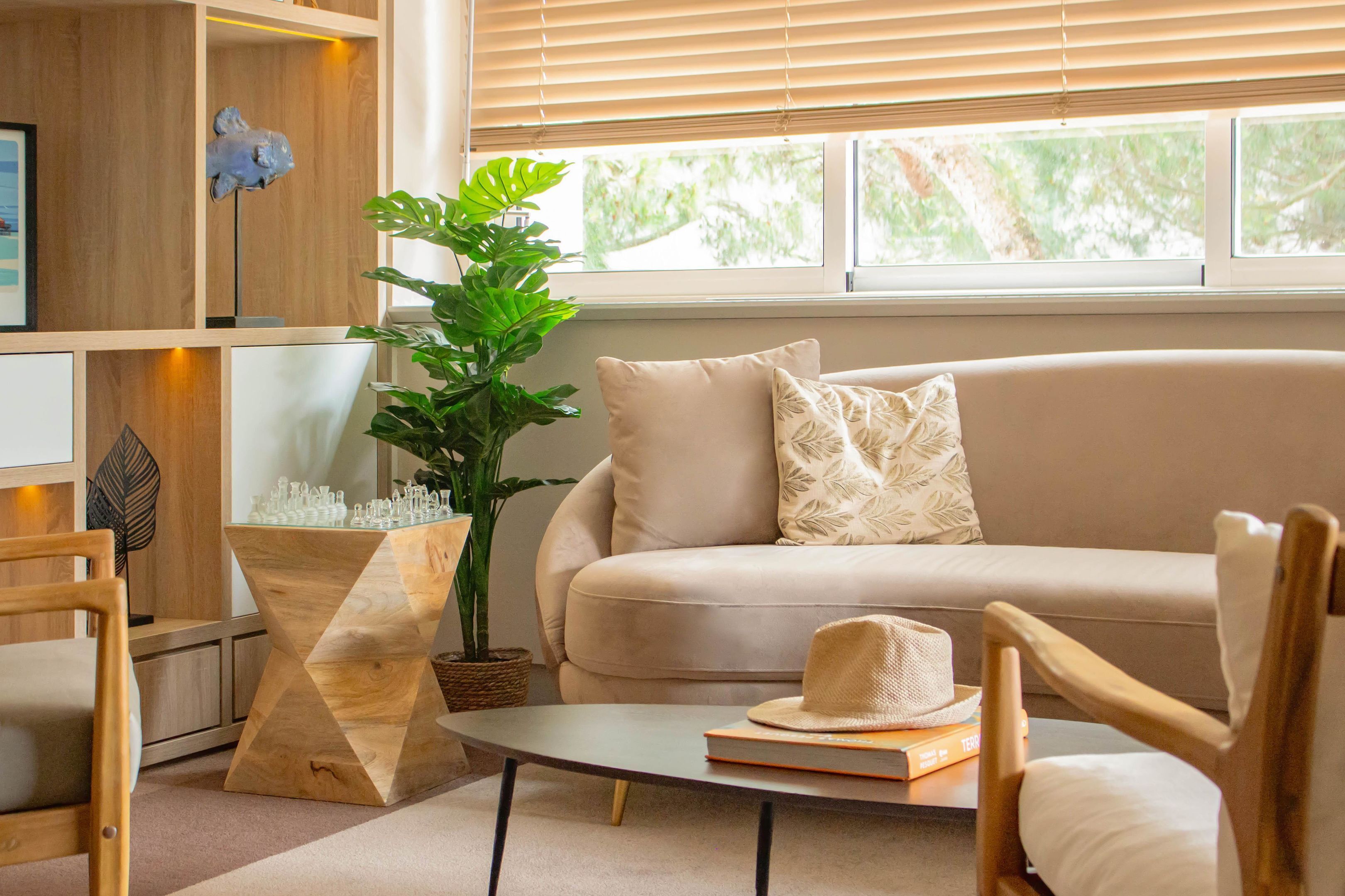 A modern living room with a sofa, a coffee table, a plant, and a bookshelf.