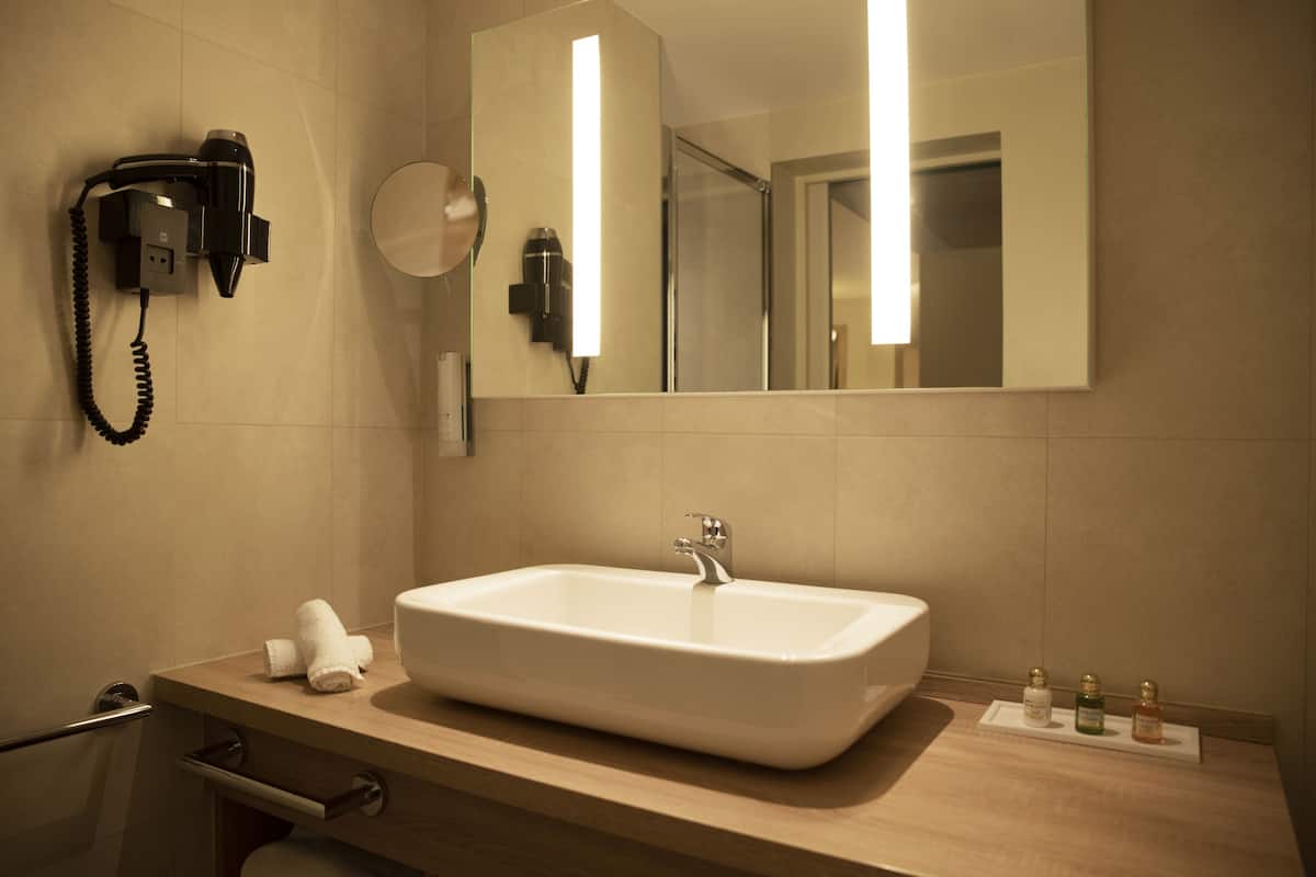 deluxe double room | bathroom | shower, free toiletries, hair dryer, towels