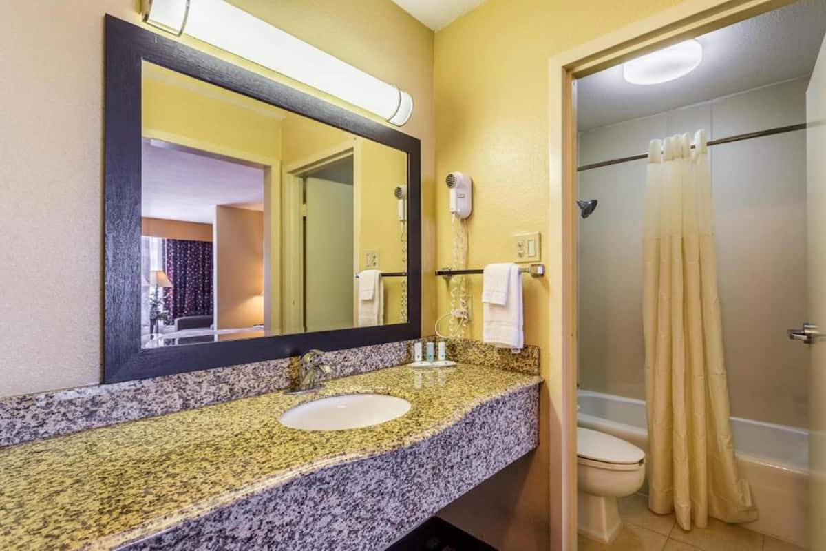Combined shower/tub, deep soaking tub, free toiletries, hair dryer