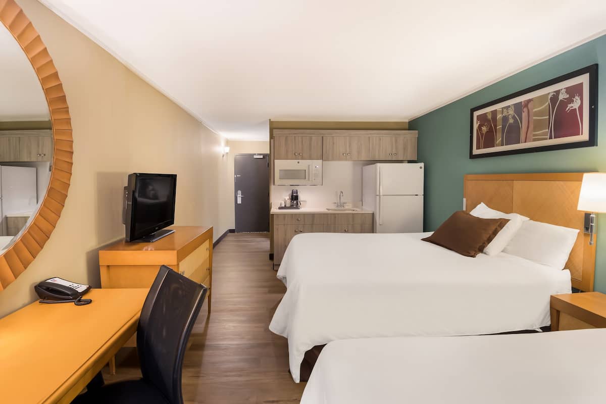 Non Smoking Two Queens Kitchenette | Premium bedding, down comforters, desk, laptop workspace